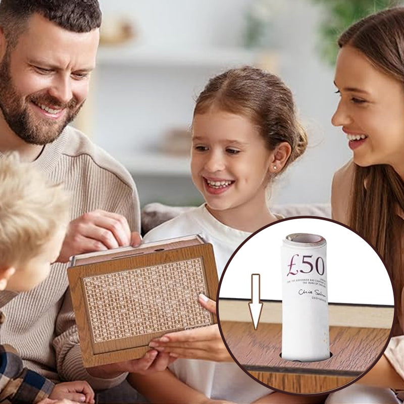 Wooden money box with engraved figures