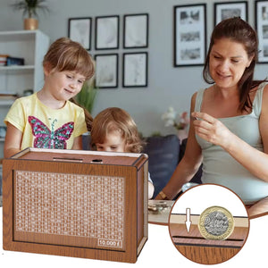 Wooden money box with engraved figures