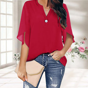 Casual V-neck Button Chiffon Short-sleeved Top