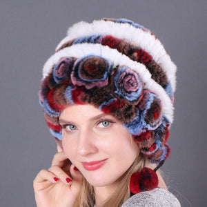 🎁Warm Flowers Striped Real Rex Rabbit Fur Hats