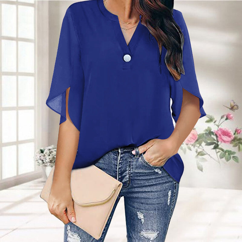 Casual V-neck Button Chiffon Short-sleeved Top