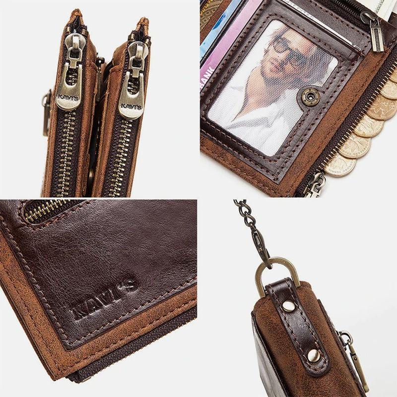 Vintage RFID PU Leather Bifold Coin Wallet With Chain