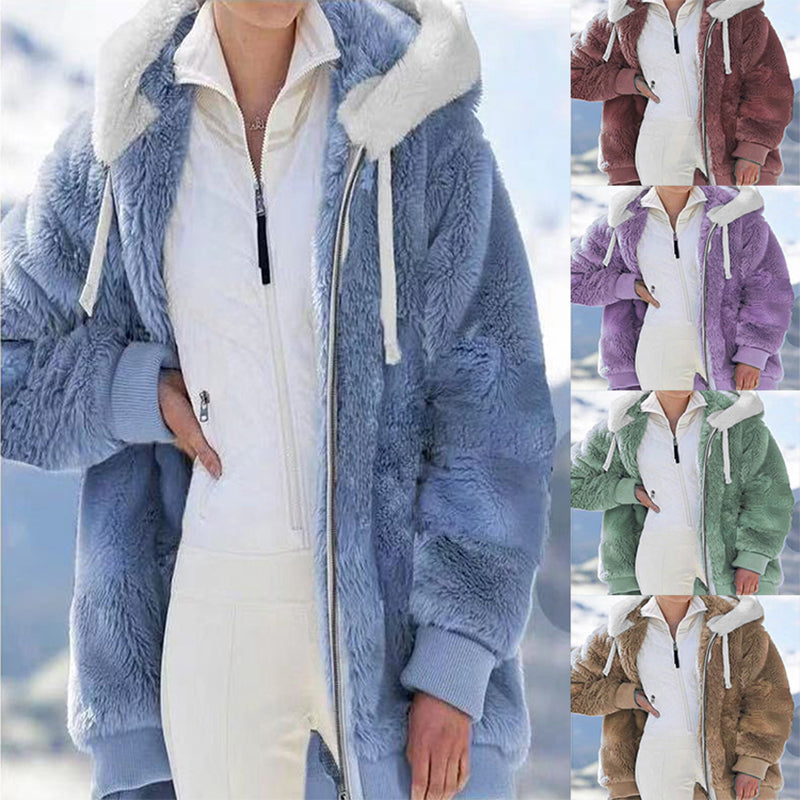 Women Loose plush zipper hooded jacket