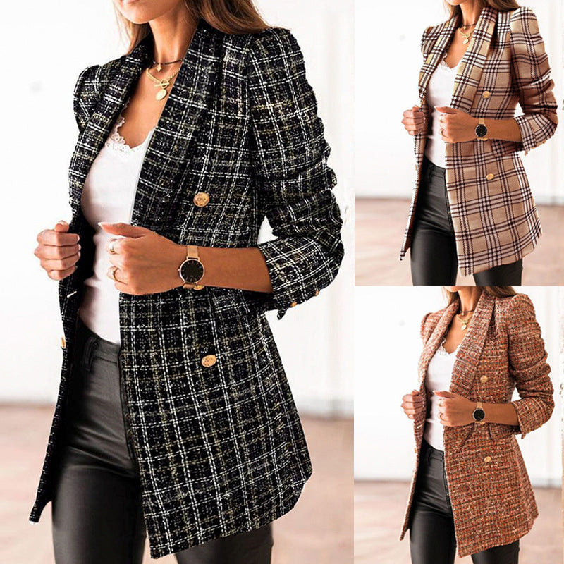 Fashion Double-breasted Blazer Plaid Jacket