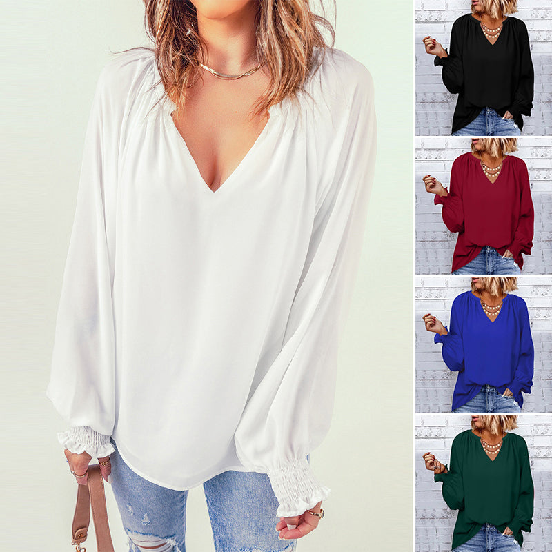 V-neck Solid Color Long-sleeved Casual Chiffon Shirt