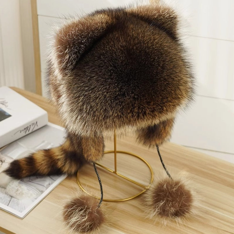 🐻Cute faux fur raccoon tail parent-child plush hat