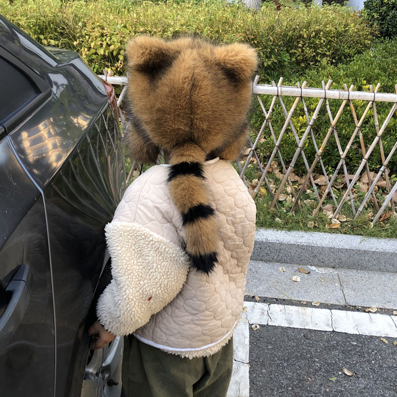 🐻Cute faux fur raccoon tail parent-child plush hat