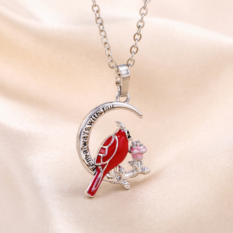 Red Cardinal With Rose Pendant Necklace