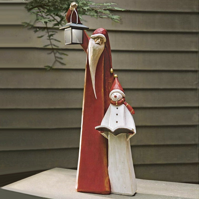 Santa and Snowman Sculpture with Solar Lantern