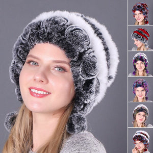 🎁Warm Flowers Striped Real Rex Rabbit Fur Hats