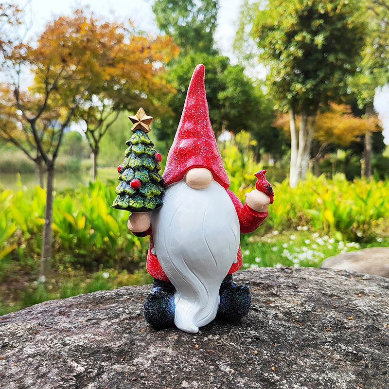 Resin Gnome Statue Holding Cardinal And Christmas Tree