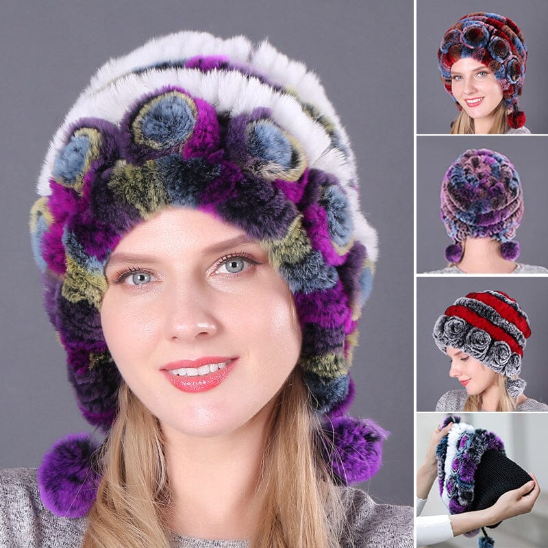 🎁Warm Flowers Striped Real Rex Rabbit Fur Hats