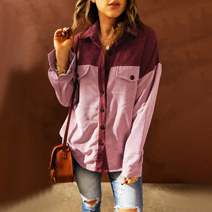 Ladies Fashion Casual Colorblock Loose Lapel Shirt Jacket