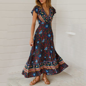 New Bohemian Big Pendulum V-Neck Beach Holiday Tie Printing Maxi Dresses.MC