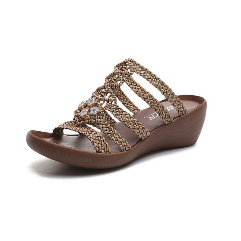 Hollow Out Weave Opened Toe Rhinestone Wedges Slippers