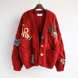 Embroidery Fashion Loose Winter Knitted Cardigan Sweater Jacket