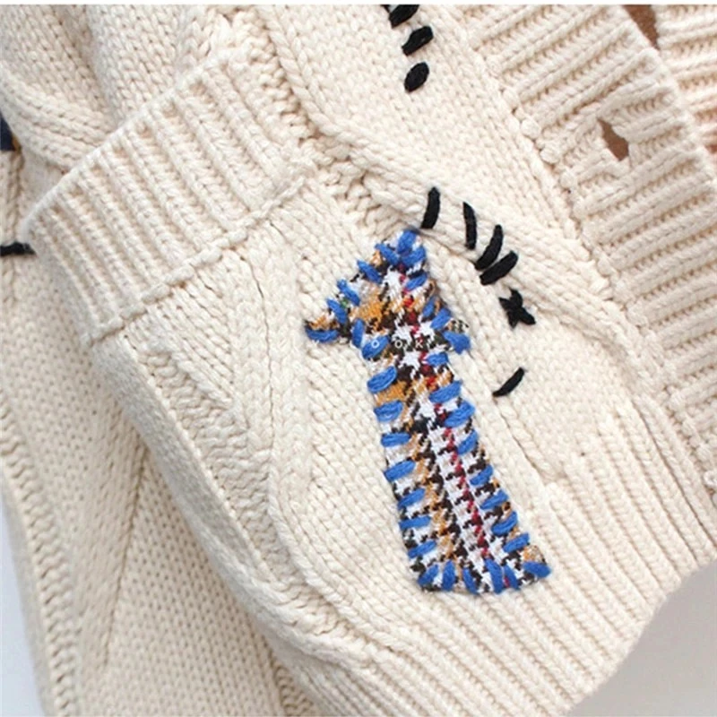 Embroidery Fashion Loose Winter Knitted Cardigan Sweater Jacket