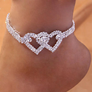 Fashion Rhinestone Double Heart Anklet