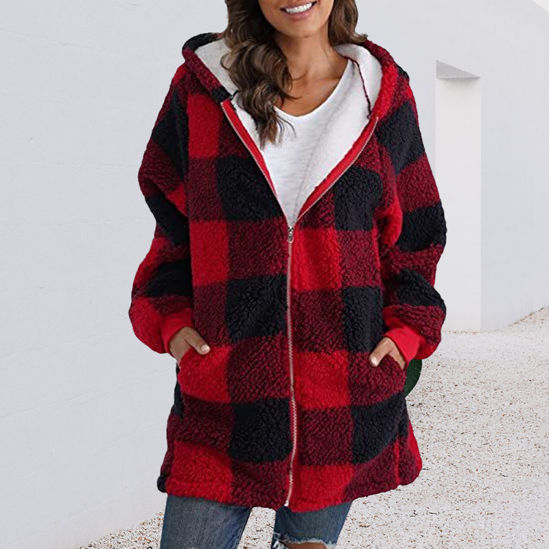 Women Oversized Hoodie Plaid Loose Overcoat