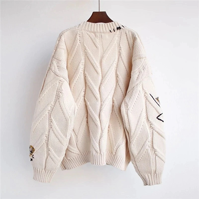 Embroidery Fashion Loose Winter Knitted Cardigan Sweater Jacket