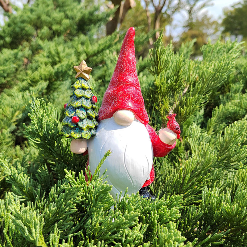 Resin Gnome Statue Holding Cardinal And Christmas Tree