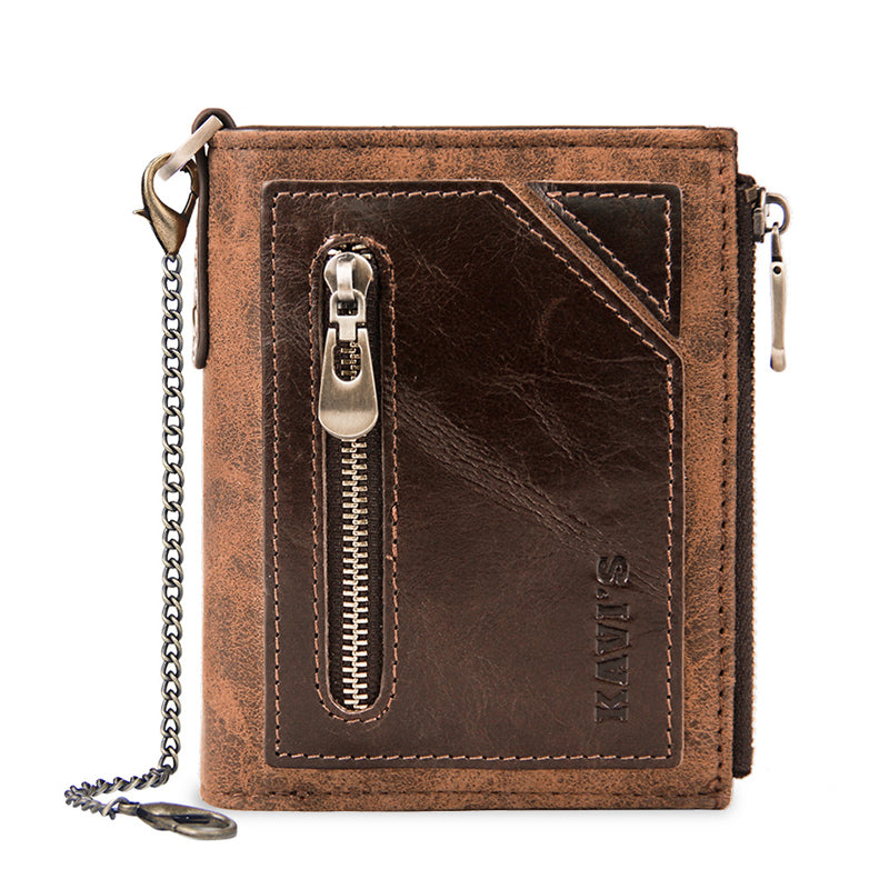 Vintage RFID PU Leather Bifold Coin Wallet With Chain