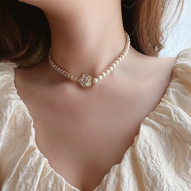 Sparkling Diamond Flower Pearl Necklace