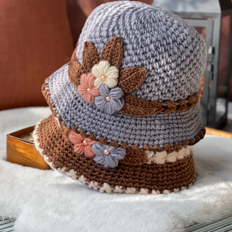 French Thicken Women's Flowers Knitted Woolen Hat