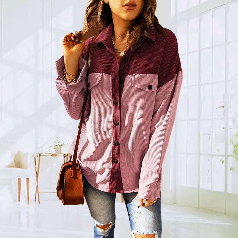 Ladies Fashion Casual Colorblock Loose Lapel Shirt Jacket