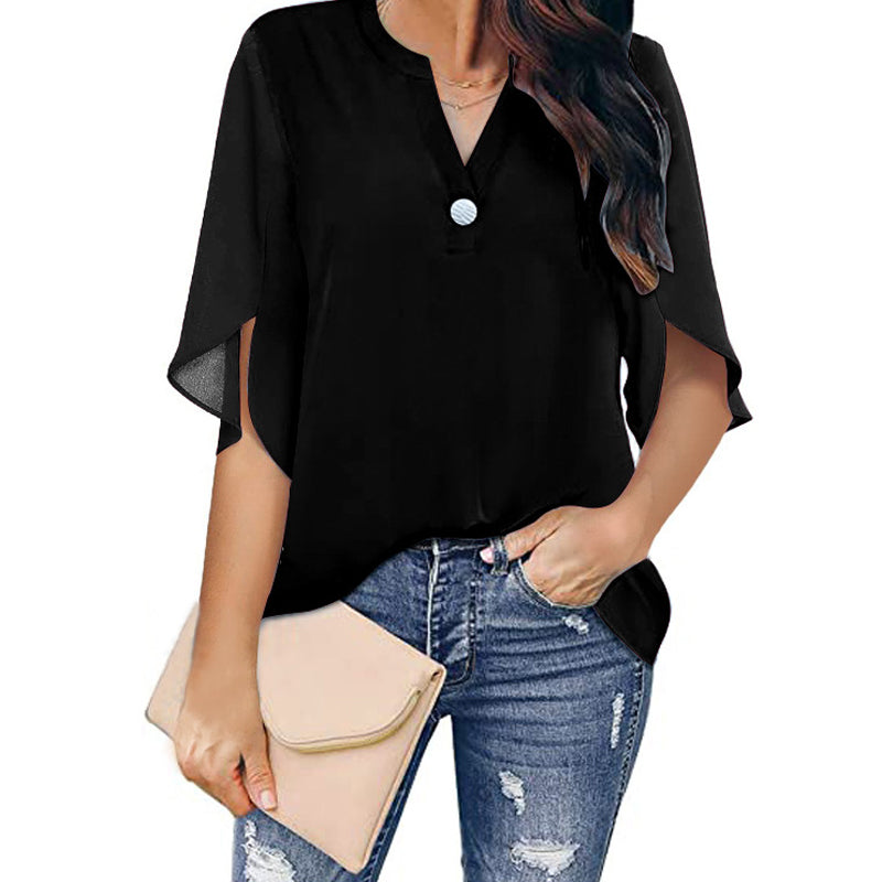 Casual V-neck Button Chiffon Short-sleeved Top