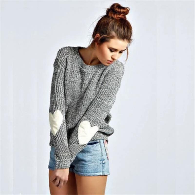 Women Casual Heart Long Sleeve Jumper Knitted Sweater