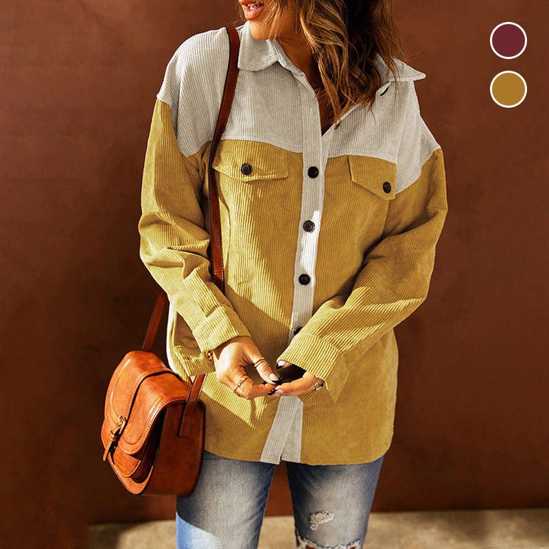 Ladies Fashion Casual Colorblock Loose Lapel Shirt Jacket