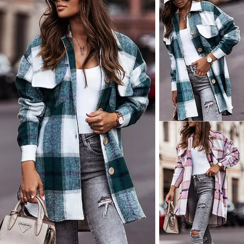 Plaid Casual Woolen Coat