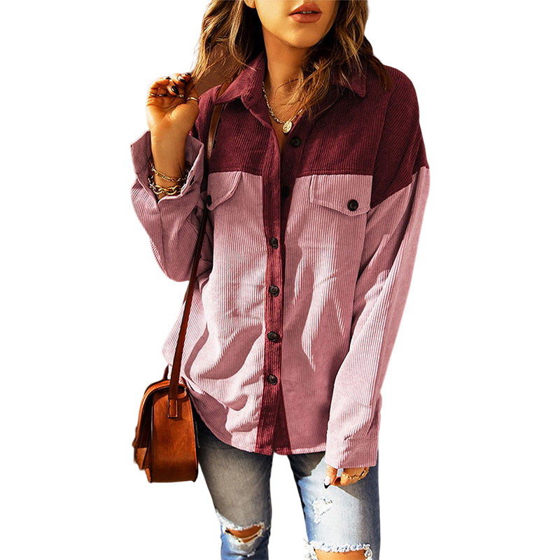 Ladies Fashion Casual Colorblock Loose Lapel Shirt Jacket